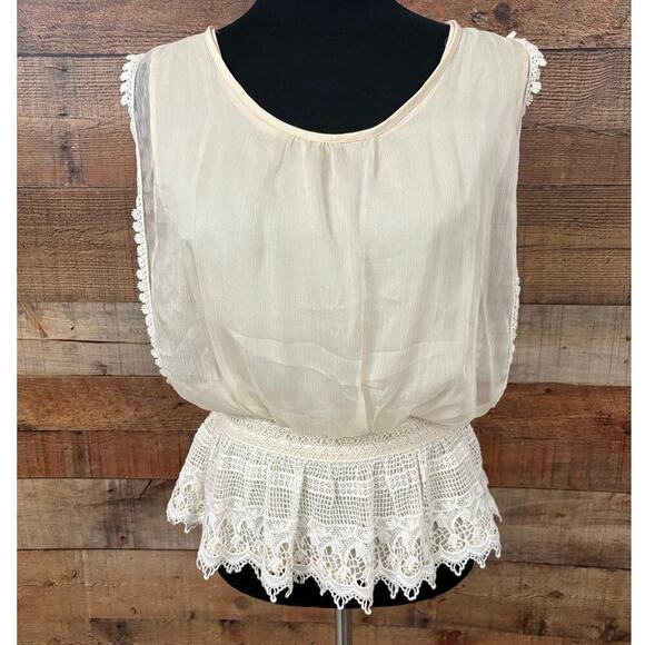 RYU Cottagecore Blouse Top Women’s Sz M Ivory Lace Ruffle Semi Sheer Romantic - Picture 1 of 11